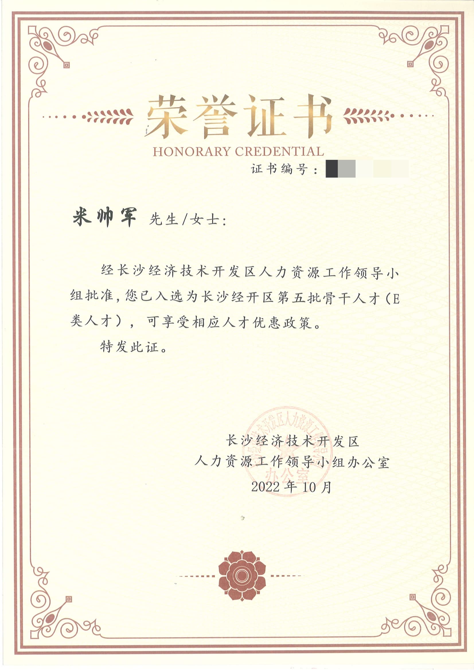 Redacted public Changsha Economic Development Zone talent recognition
